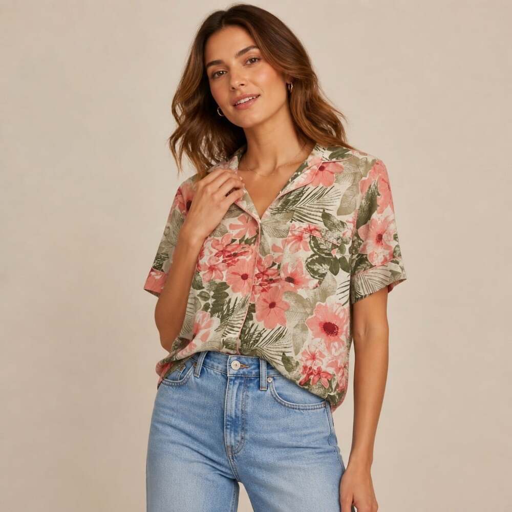 Cupcakes and Cashmere Pink Tropical Floral Camp Collar Button Blouse S
